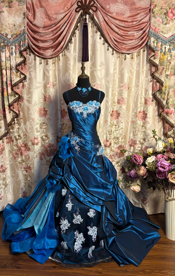 Exquisite Blue Ball Gown Spaghetti Strap Floral Satin Long Prom Dress Evening Dress HZ1023